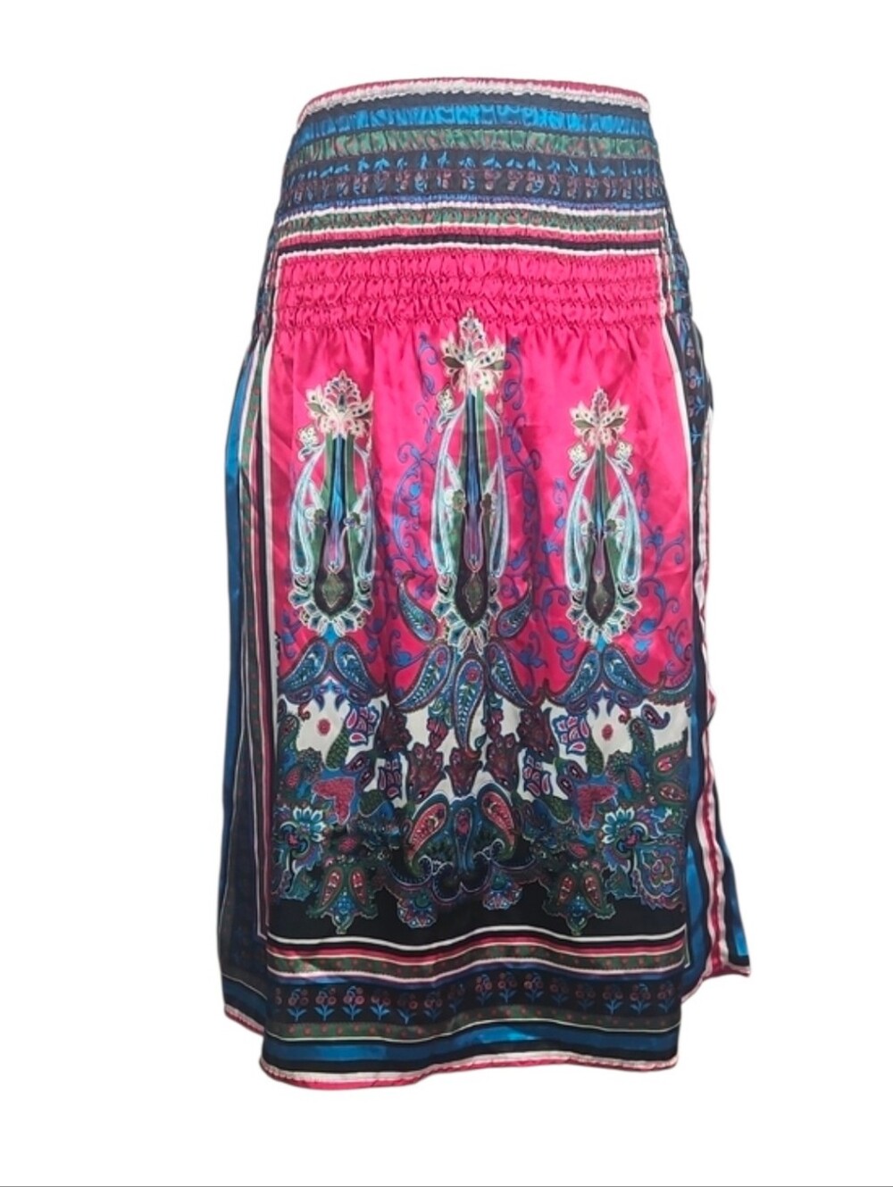 Women's Satin Pink Multi Paisley Print Elastic Waist Skirt Festival Bohemian M